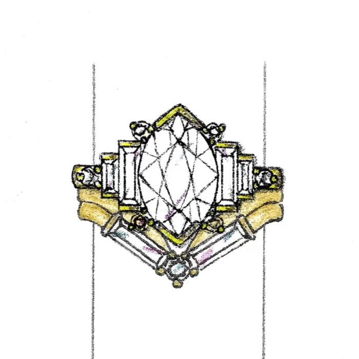 Sketch of Bespoke Baguette Diamond Wedding Band and Marquise Diamond Engagement Ring