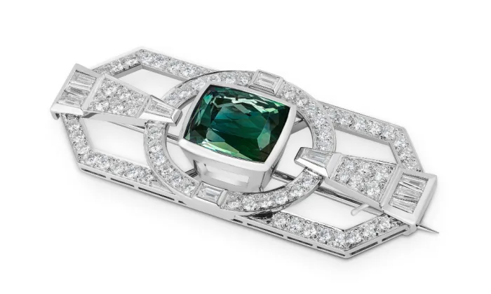 Tourmaline and Diamond Art Deco Custom Men’s Brooch
