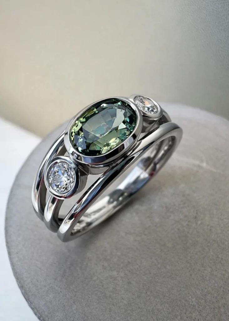 Custom Sapphire and Diamond Three Band Ring