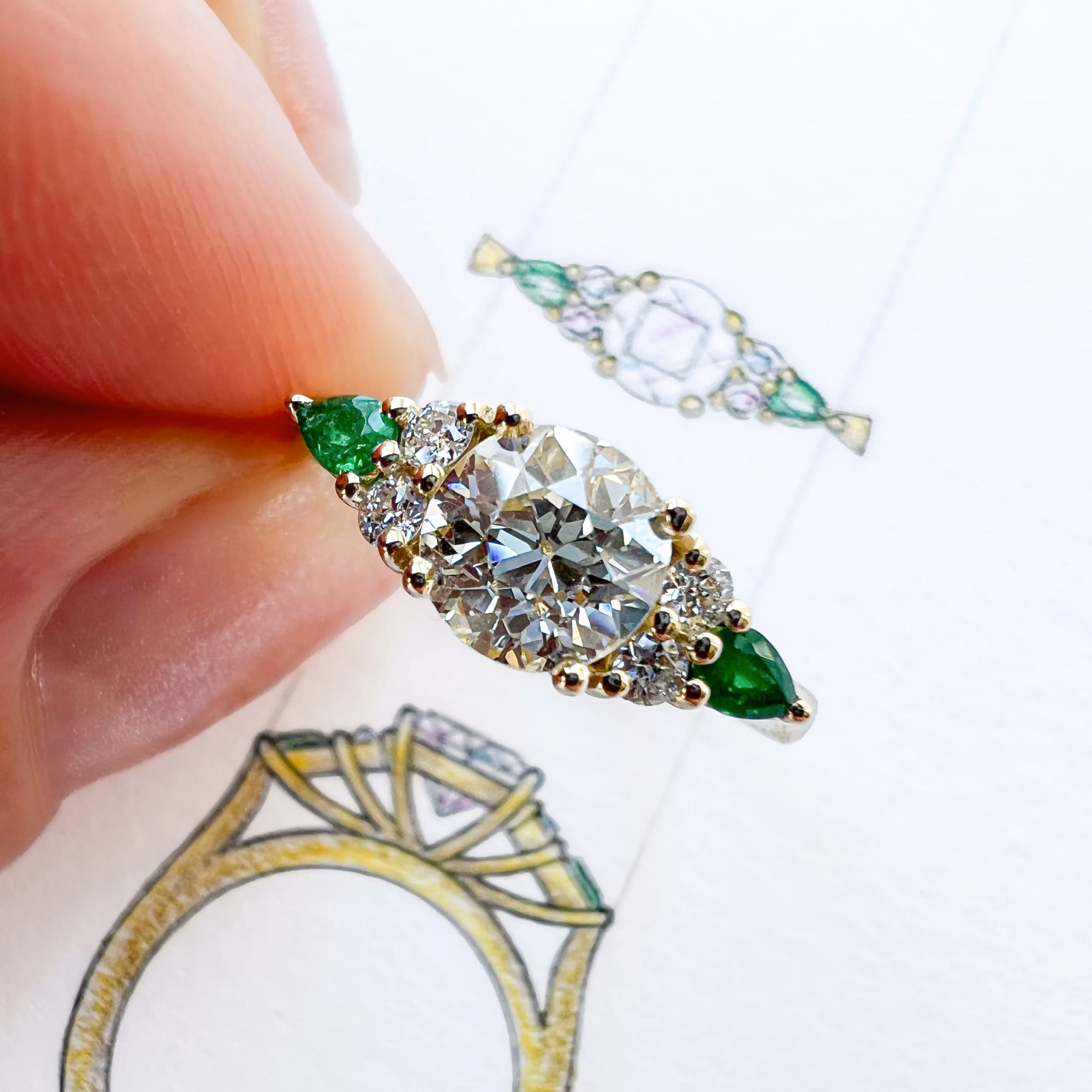 Old Cut Diamond and Emerald Custom Engagement Ring Old Cut Diamond and Emerald Custom Engagement Ring and Sketches