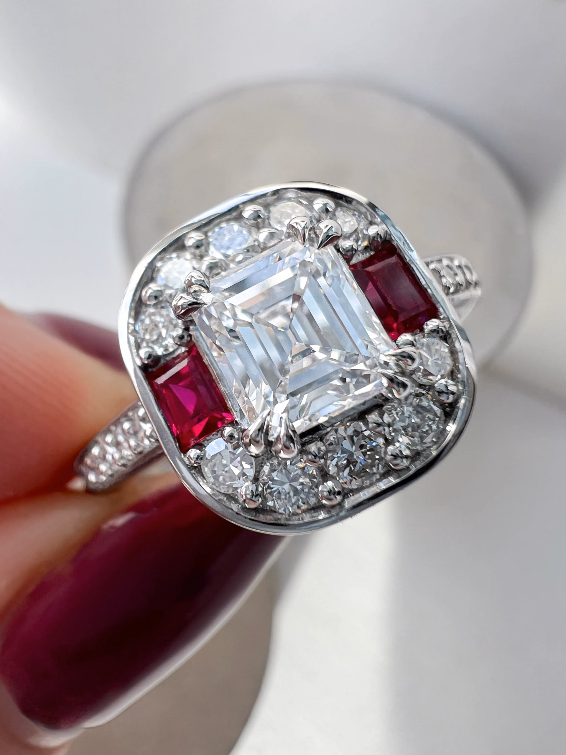Custom Asscher Cut Diamond and Ruby Cluster Ring close up