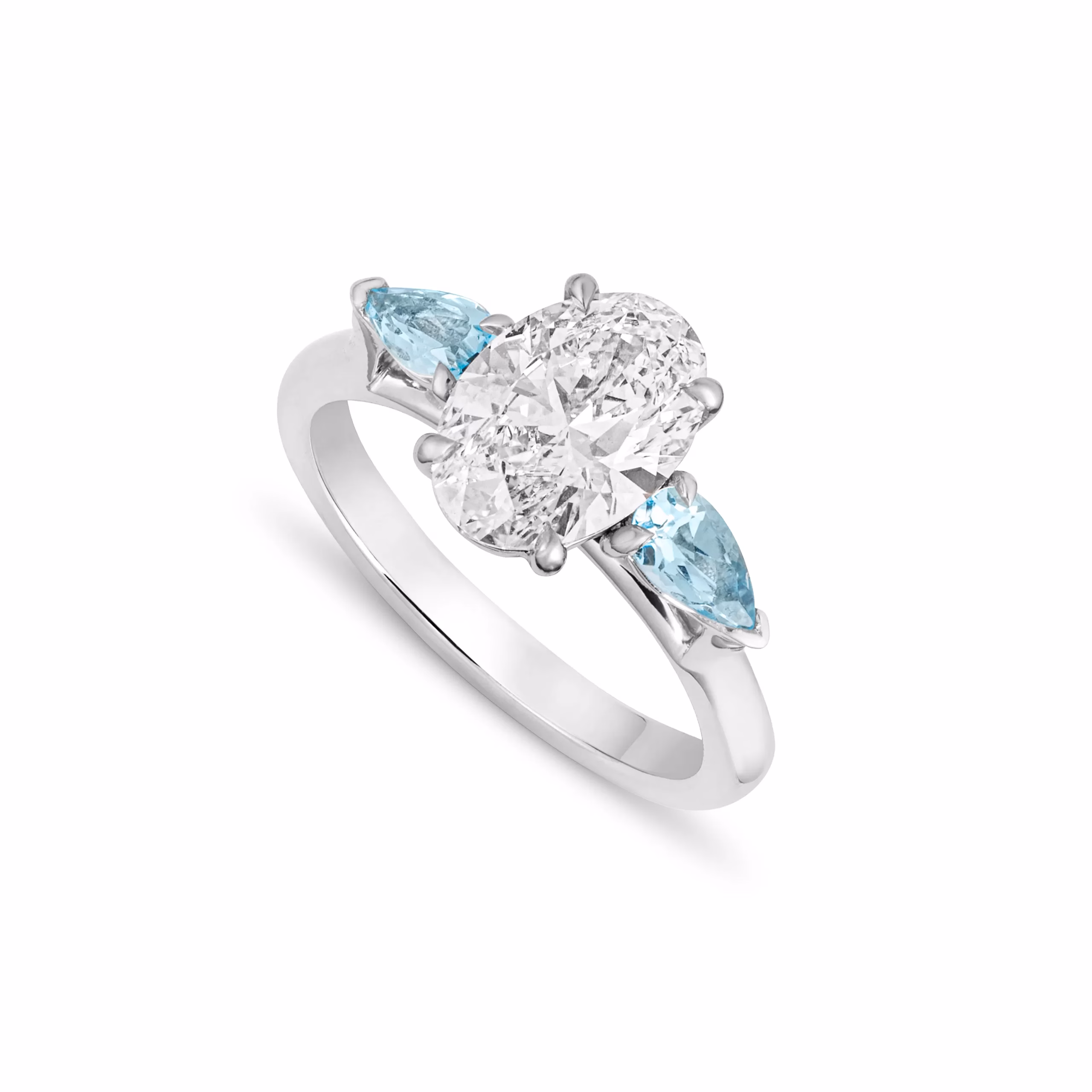 Oval Diamond and Aquamarine Bespoke Three-Stone Ring Pro Shot