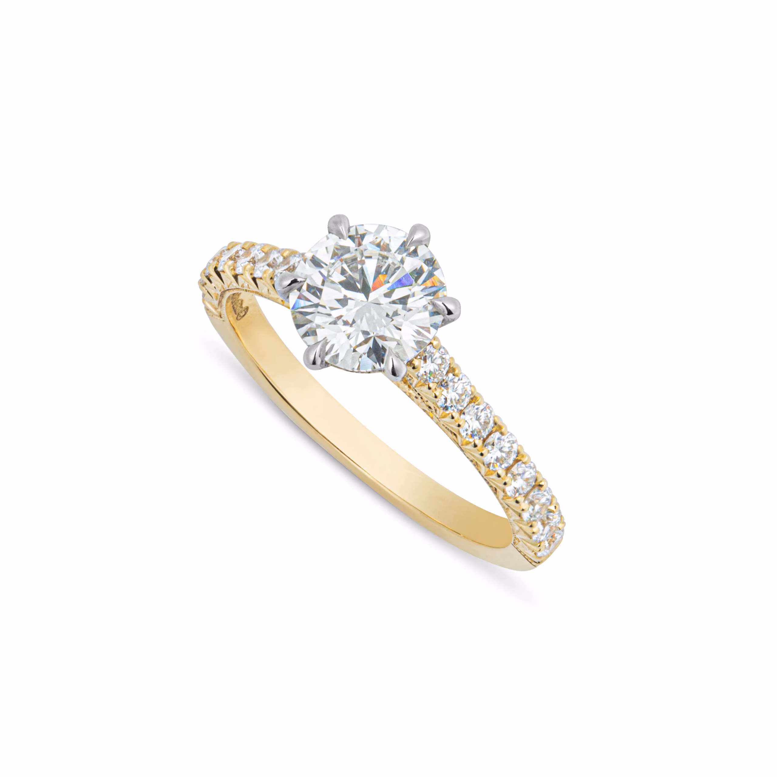 Round Brilliant Cut Solitaire Diamond Engagement Ring in a 6 Claw Talon Setting in Platinum with a Yellow Gold Diamond Set Band