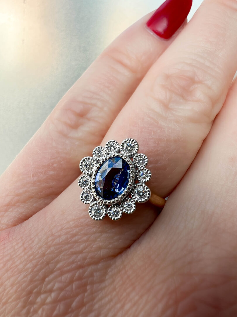 Sapphire and Diamond Custom Cluster Ring Sapphire and Diamond Custom Cluster Ring
