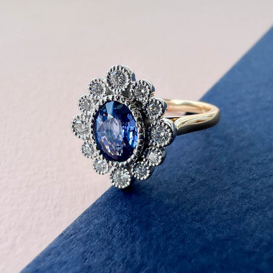 Sapphire and Diamond Custom Cluster Ring Sapphire and Diamond Custom Cluster Ring
