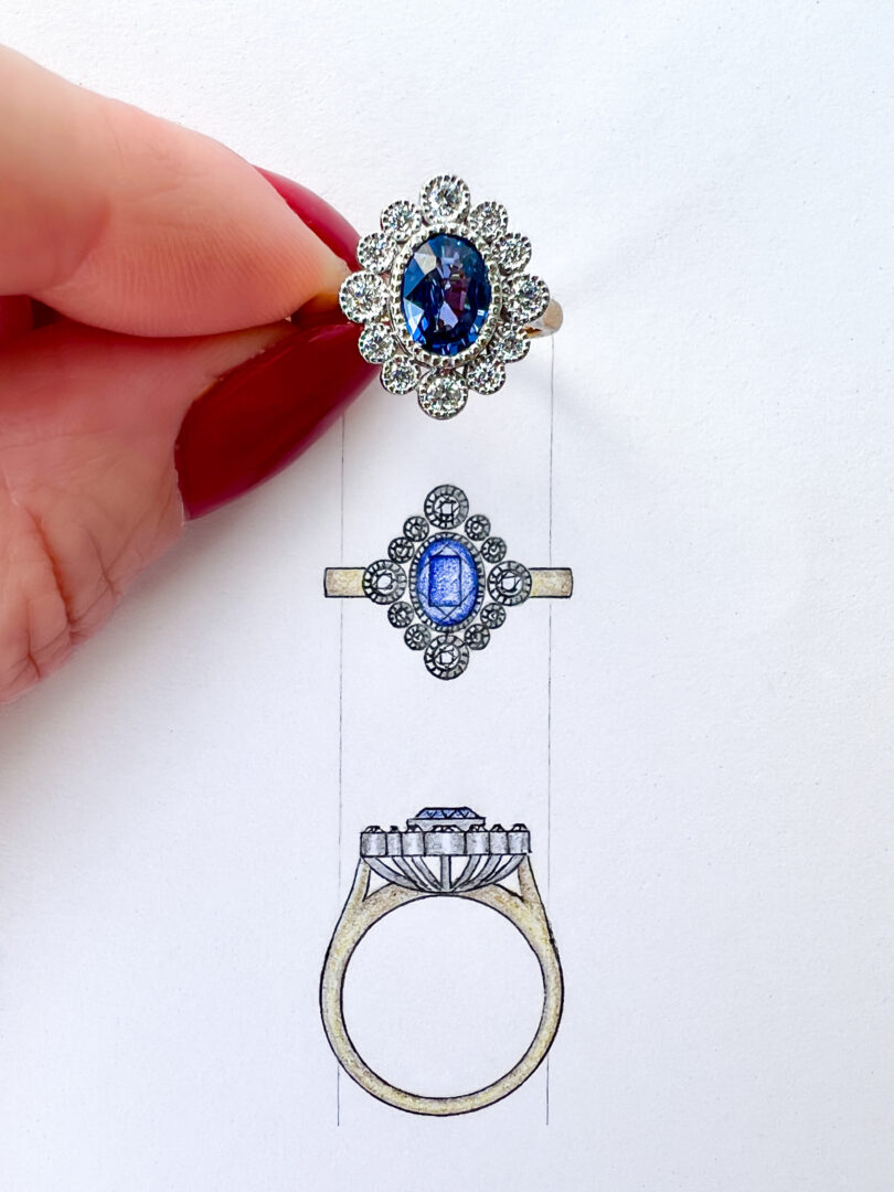 Sapphire and Diamond Custom Cluster Ring and Sketch
