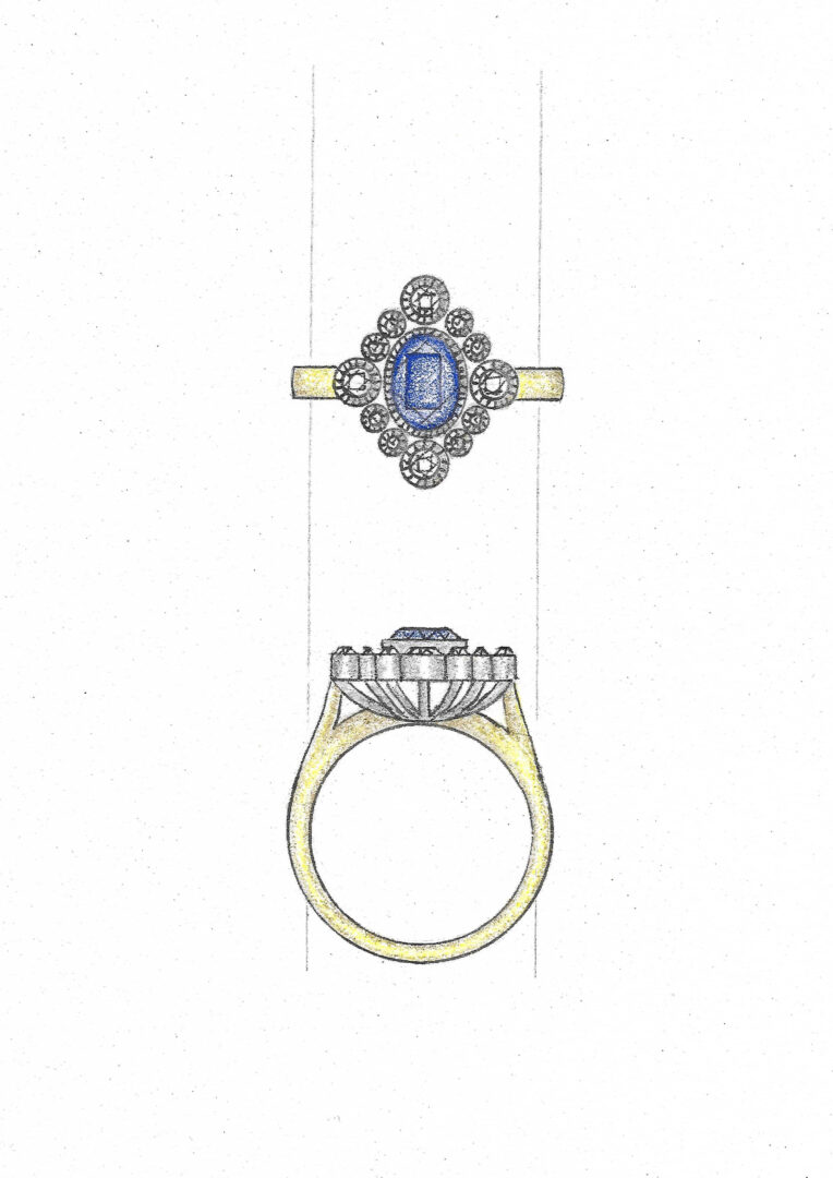 Sapphire and Diamond Custom Cluster Ring Sapphire and Diamond Custom Cluster Ring Sketch